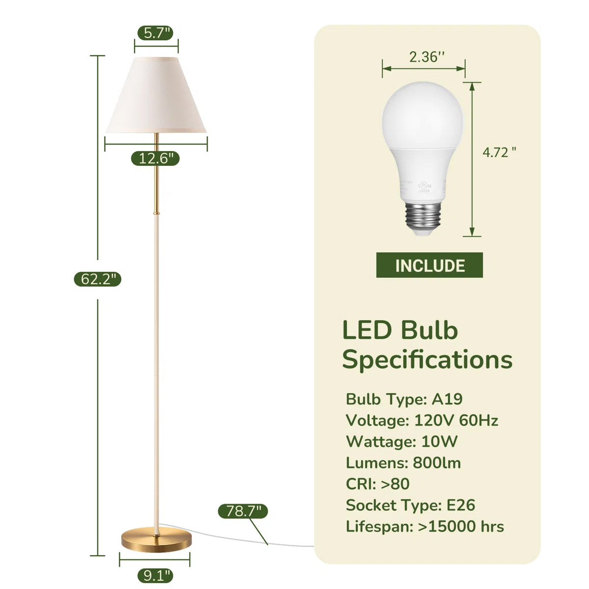 62.2'' Traditional Floor Lamp With Remote Control And Bulb Included
