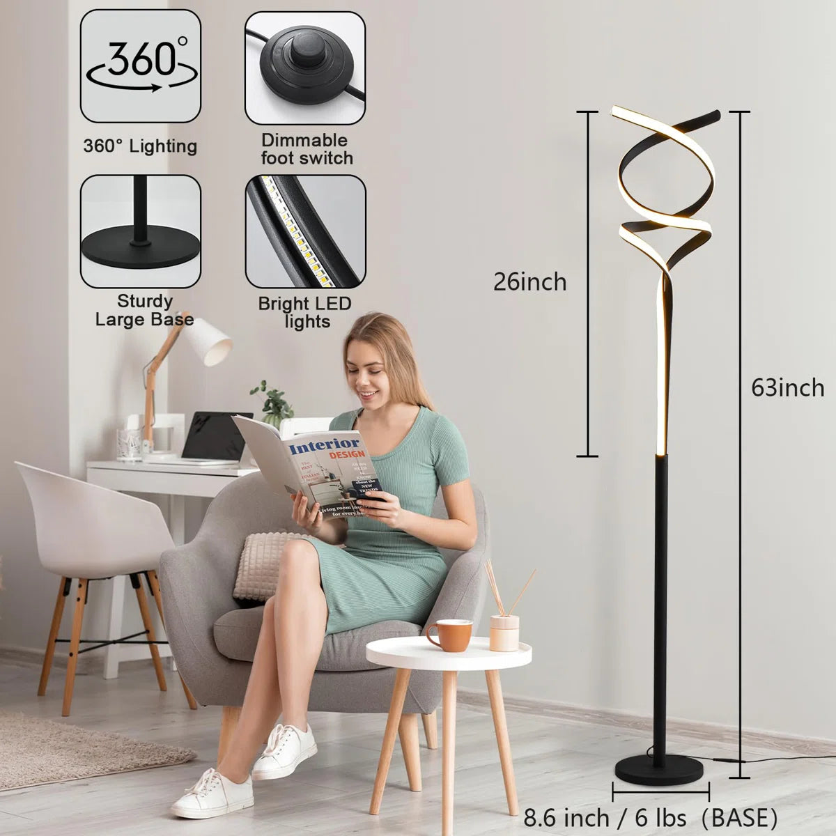 63’’ Led Novelty Floor Lamp Dimmable Black Floor Lamp with Remote