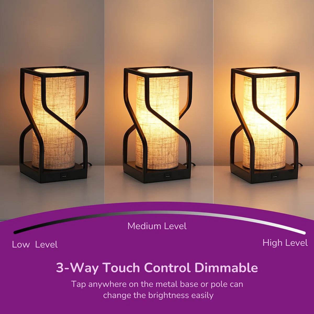 Burdena Metal Touch Control Table Lamp with USB and Bulb Included